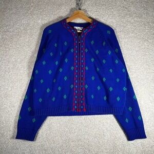 Vintage women's cropped fitting multicolor knit patterned zip up sweater
